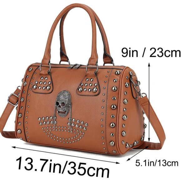Women's Skull Handbag Large Gothic Shoulder Bag Studded Doctor Bag Brown - Picture 2 of 6